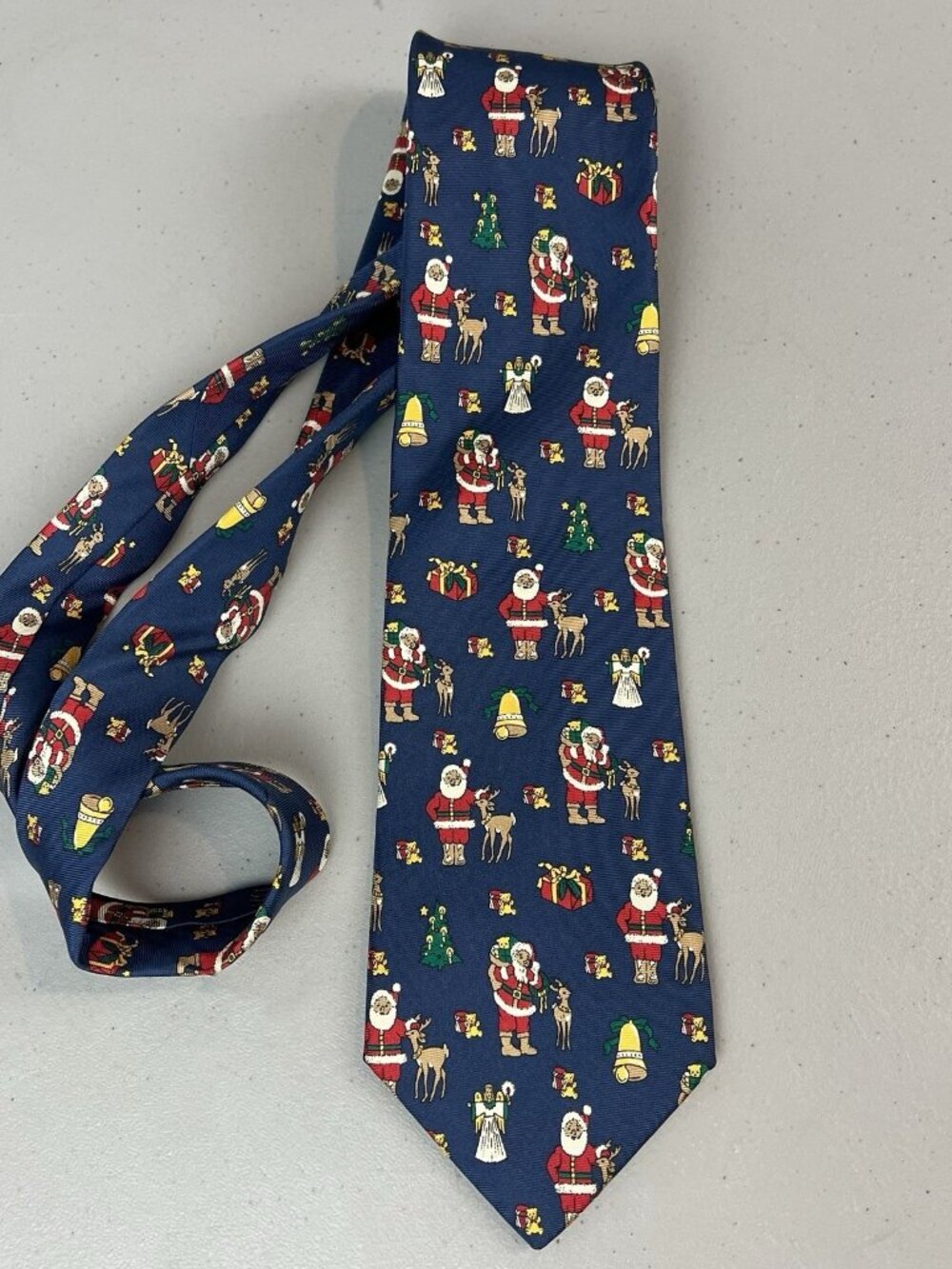 Lands End Mens Necktie Christmas Santa 100% Silk Navy Holiday